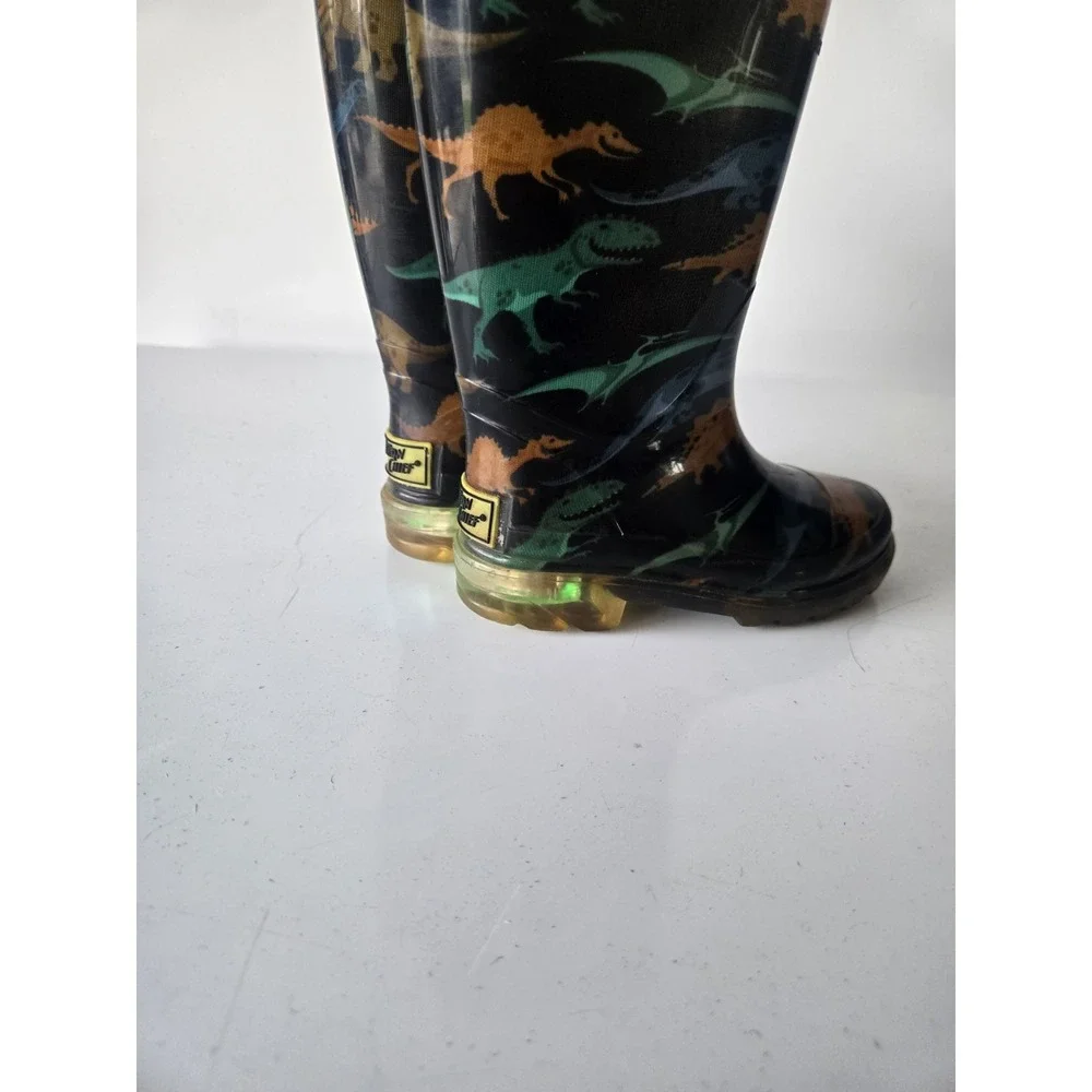 Western Chief Dino Stomp Light Up Rain Boots Kids Size 6 Black Dinosaur Pull On
